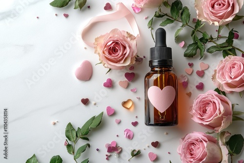 Romantic pink roses with heart-shaped elements and essential oil bottle on marble background