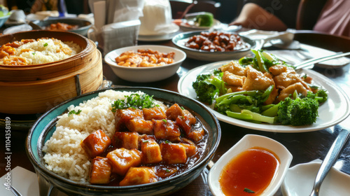 Authentic asian cuisine dining table with rice, vegetables, and sauces