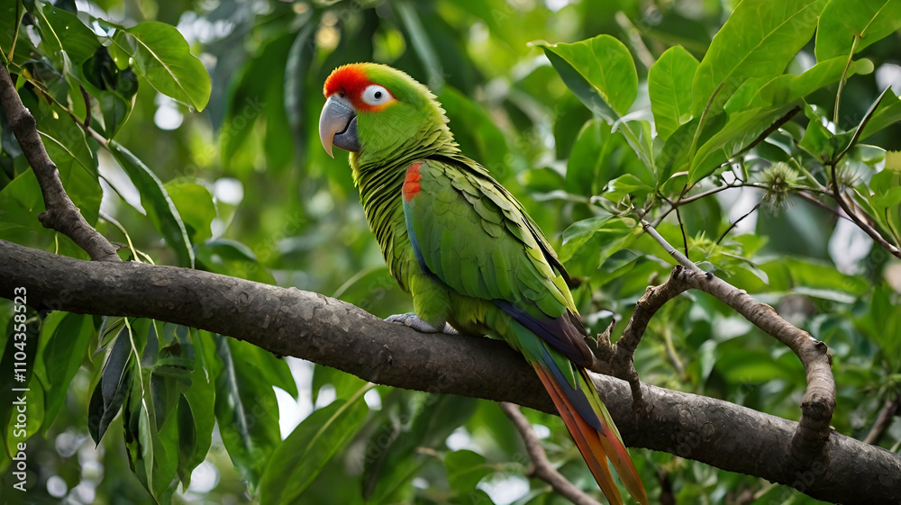Obraz premium colorful parrots, green parrots, parrots on tree, parrots on branch, parrots in forest, birds, colorful, tropical, wings, beaks, pets, wildlife, feathers