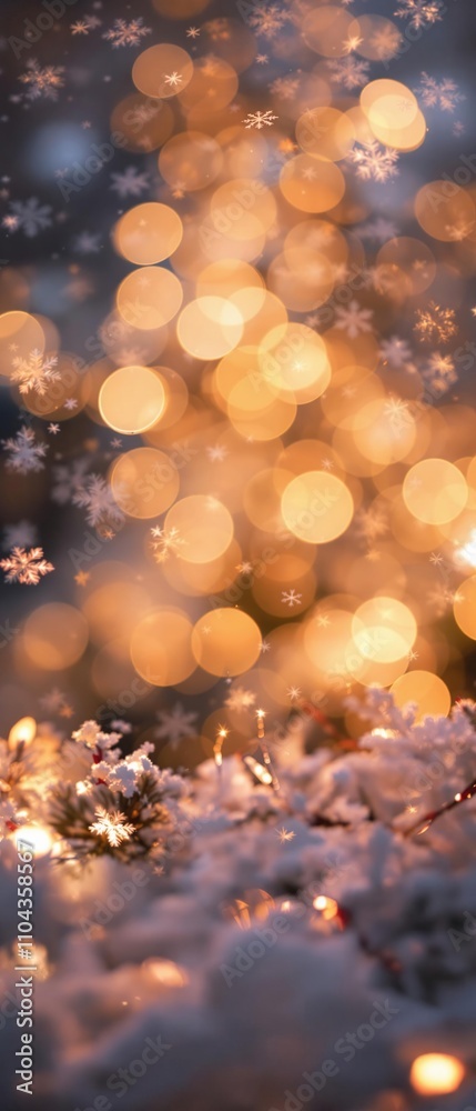 Bokeh effect on Christmas lights in front of a blurred background with snowflakes, lights, snowflakes, wintery landscape, twinkle