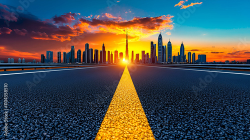 A stunning urban skyline at sunset, featuring a prominent building, seen from a road with a yellow dividing line, creating a vibrant and dynamic scene. photo