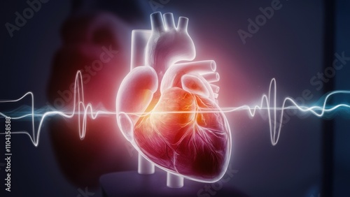 The human heart is in the form of a luminous, pulsating organ with a rhythmic beat. Electrical signals travel through the heart and emphasize the process of depolarization and repolarization. photo