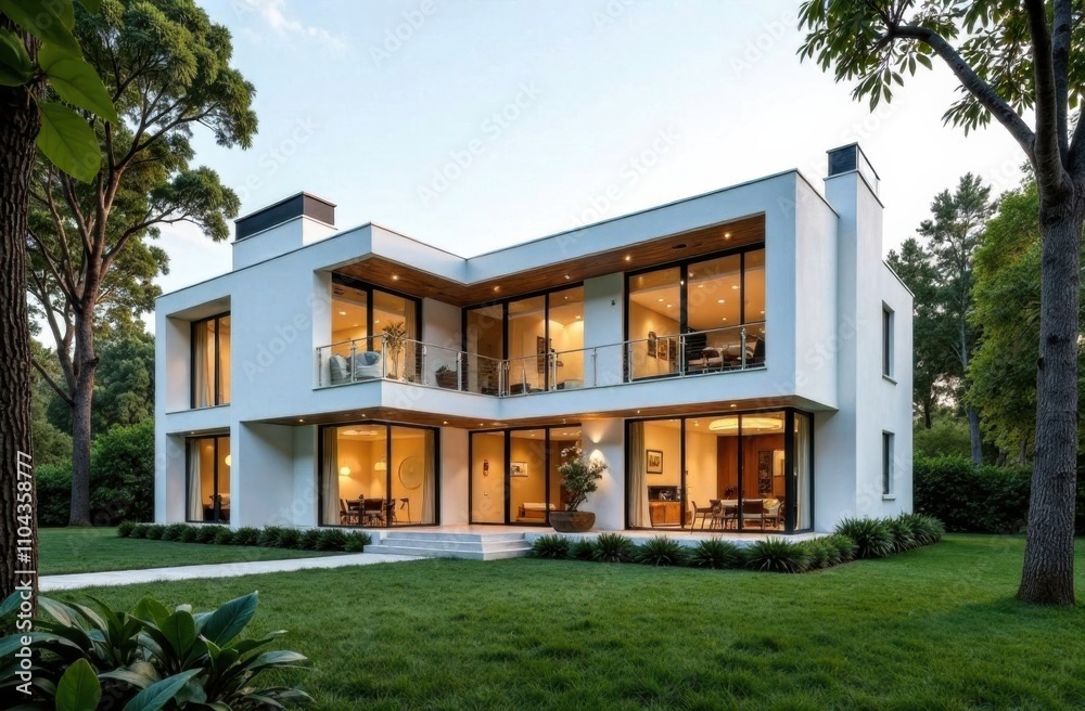 Contemporary house design features expansive glass windows and a spacious lawn, illuminated by soft evening sunlight. Generative AI Contemporary house design features expansive glass windows and a spacious lawn, illuminated by soft evening sunlight. Generative AI