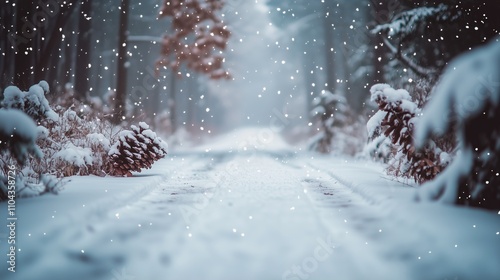 Snowy forest path with pinecones and snowfall