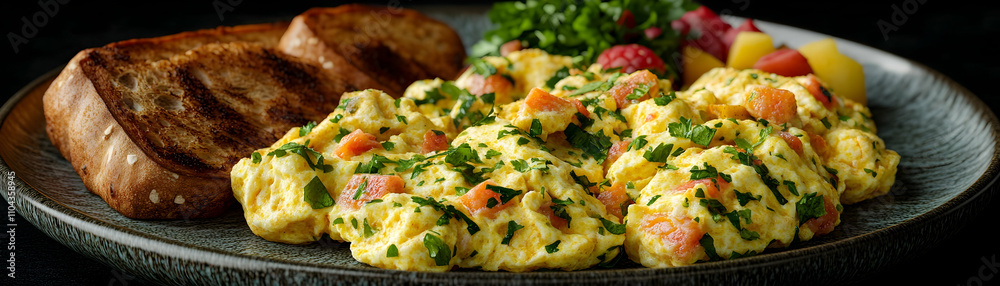 Scrambled eggs with toast and fruit. Scrambled eggs with toast and fruit.