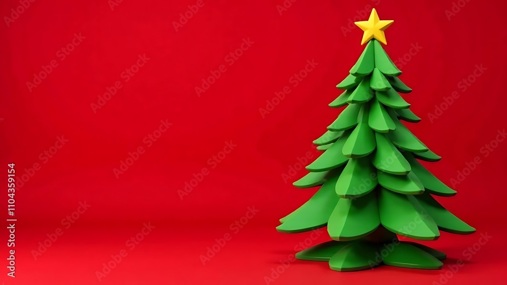 red christmas tree. Volumetric 3D green Christmas tree in the right corner, red background red christmas tree. Volumetric 3D green Christmas tree in the right corner, red background