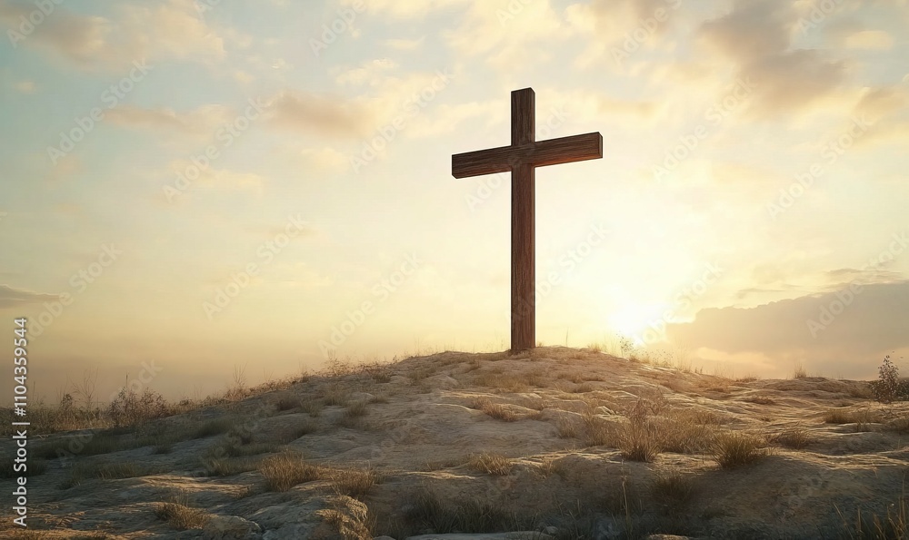 A wooden cross standing on a hill, symbolizing Christian faith, sacrifice, and hope. A powerful representation of the crucifixion and salvation A wooden cross standing on a hill, symbolizing Christian faith, sacrifice, and hope. A powerful representation of the crucifixion and salvation