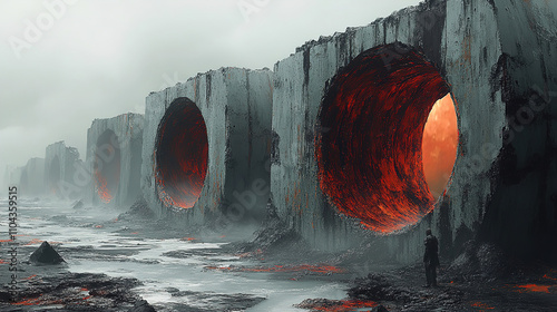 Mysterious glowing portals in a desolate volcanic landscape with a lone figure observing the scene. Generative AI
