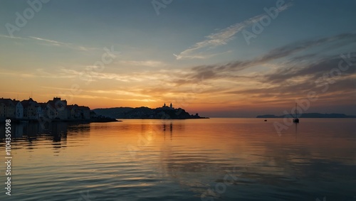Calm sea with a tungsten-colored sunrise near a medieval town.