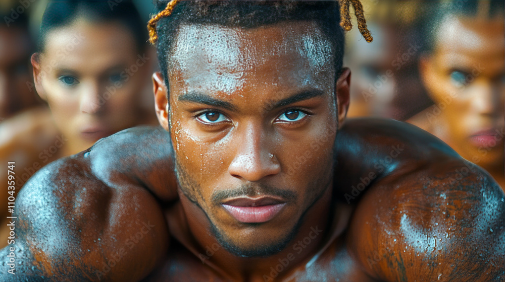 Intense focus of african male athlete among diverse team Intense focus of african male athlete among diverse team
