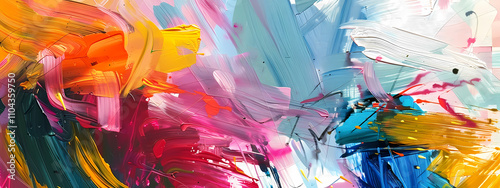 A vibrant abstract painting showcasing dynamic brush strokes in bright hues of pink, orange, blue, and teal, evoking a sense of energy and creativity.