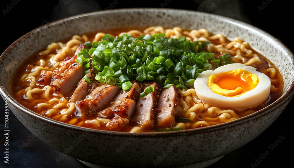 Steaming bowl of ramen noodles with sliced pork and soft boiled egg. Steaming bowl of ramen noodles with sliced pork and soft boiled egg.