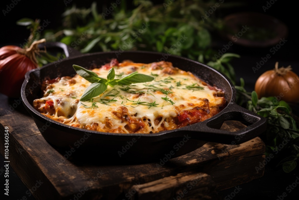Classic Italian lasagna cooked in a cast iron pan and presented on a wooden board Classic Italian lasagna cooked in a cast iron pan and presented on a wooden board