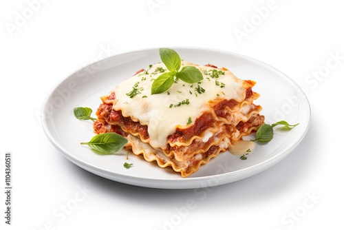 Classic homemade Italian lasagna with tomato sauce on a white background Hot and delicious lasagna with parmesan cheese served on an elegant plate at a clo