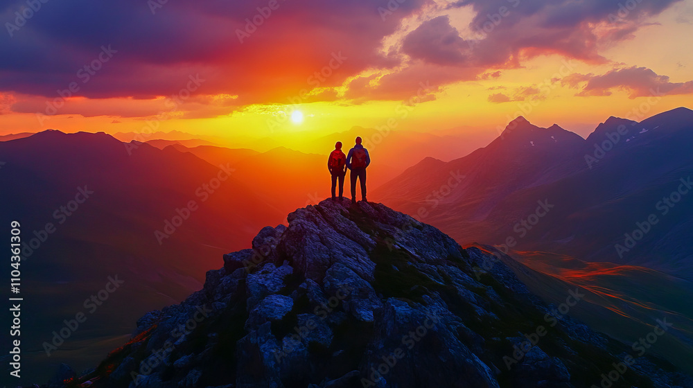 Two adults hiking at sunset on mountain peak with vibrant sky Two adults hiking at sunset on mountain peak with vibrant sky