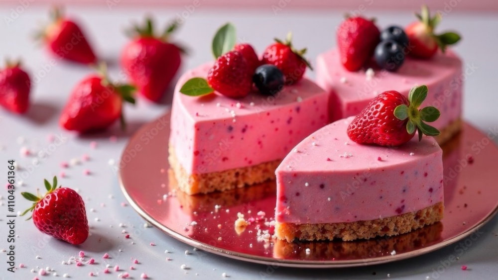 A set of small various heart-shaped cakes, decorated with ripe strawberries. Champagne in glasses. Concept for Valentine's Day, Mother's Day, Birthday A set of small various heart-shaped cakes, decorated with ripe strawberries. Champagne in glasses. Concept for Valentine's Day, Mother's Day, Birthday
