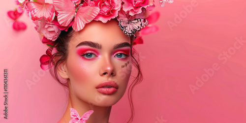 young woman with   butterflies close-up portrait pink background Generative AI