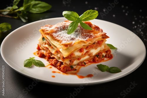 Classic lasagna with bolognese sauce garnished with basil leaves on a white plate