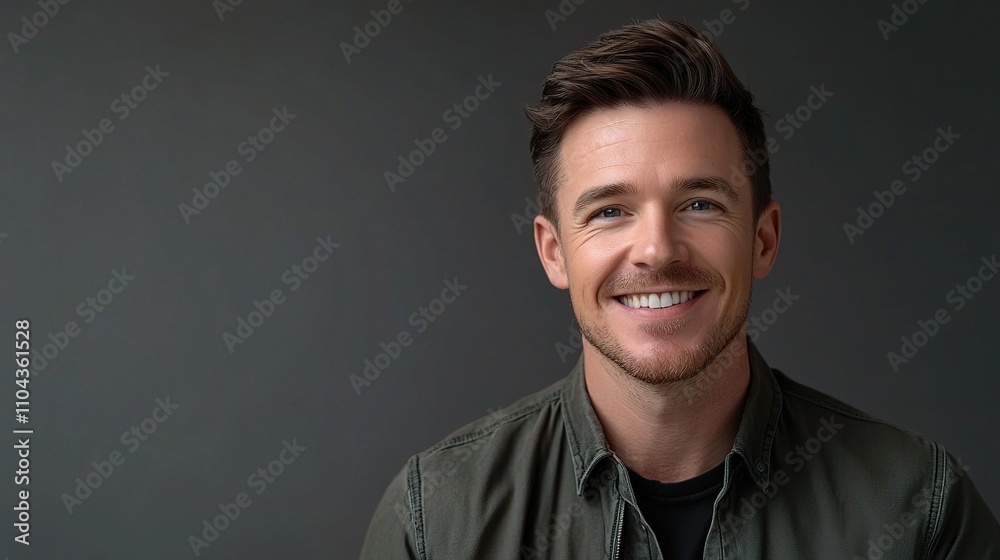 Obraz premium Cheerful man with short hair wearing casual attire against gray background