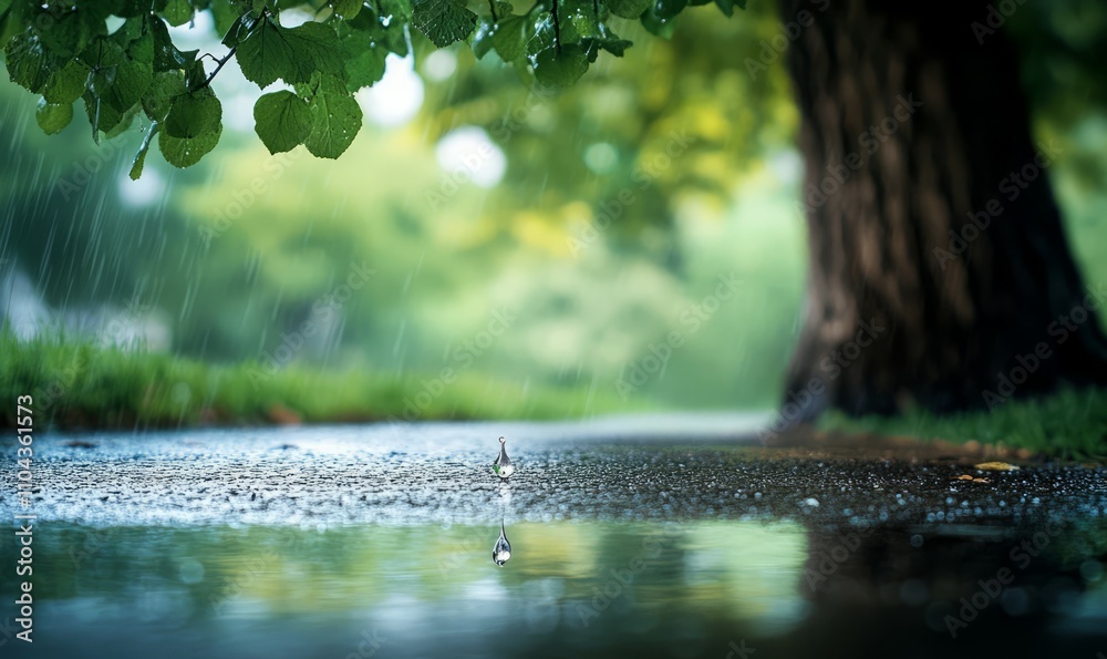Fototapeta premium A raindrop is sitting on the ground in front of a tree