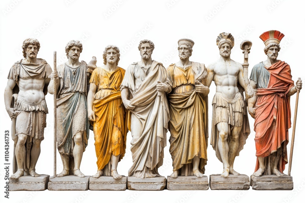 Naklejka premium Seven classical-style stone figures stand in a row.