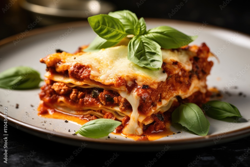 Close up of lasagna slice on plate with basil garnish Close up of lasagna slice on plate with basil garnish
