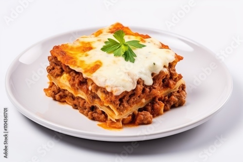 Close up of baked lasagna with minced meat and cheese isolated on white background