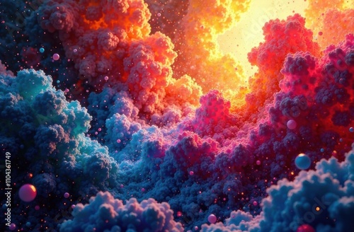 Soft, swirling clouds radiate vibrant colors, creating a stunning cosmic display reminiscent of a celestial sunset. Generative AI