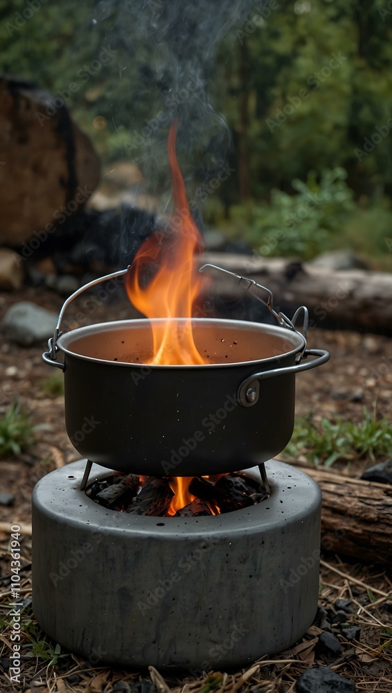 Camping kitchenware pot on fire at an outdoor campsite. Camping kitchenware pot on fire at an outdoor campsite.