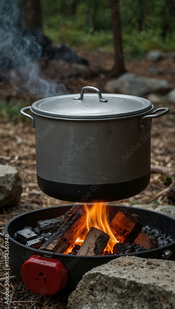 Camping kitchenware pot on fire at an outdoor campsite. Camping kitchenware pot on fire at an outdoor campsite.