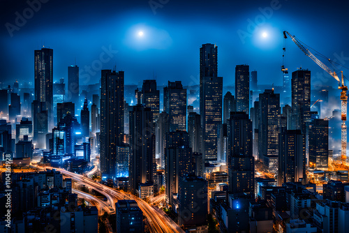 Night construction site, illuminated by powerful spotlights. Tower cranes working on construction site in the city. Skyscrapers in the process of construction. Crane and building construction site.