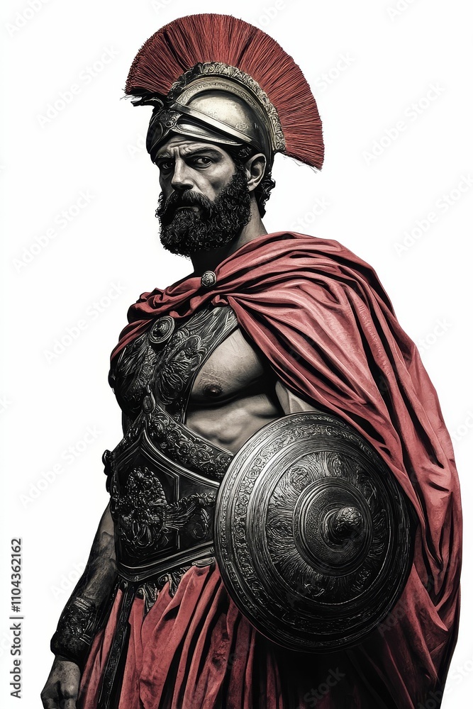 Bearded warrior, ornate armor, shield, red cloak. Bearded warrior, ornate armor, shield, red cloak.