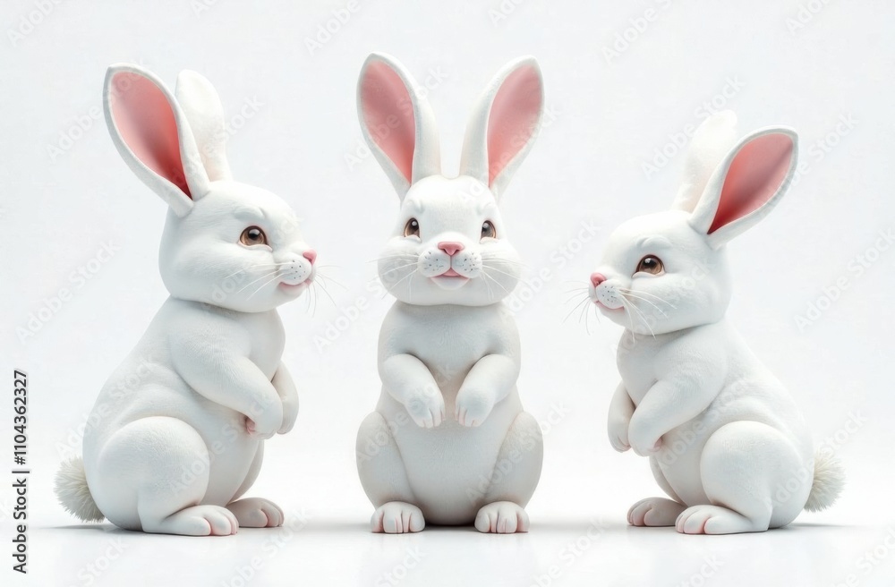 Three adorable white rabbits are positioned attractively, interacting in a playful manner with a bright background. Generative AI Three adorable white rabbits are positioned attractively, interacting in a playful manner with a bright background. Generative AI