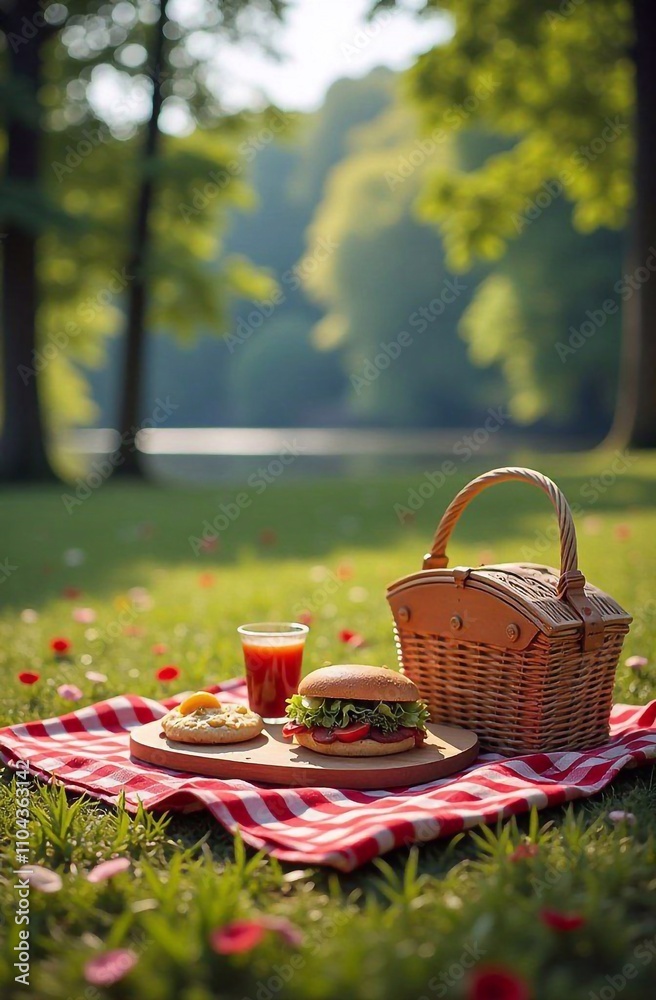 Picnic on the lawn, burger in the park, fast food Picnic on the lawn, burger in the park, fast food