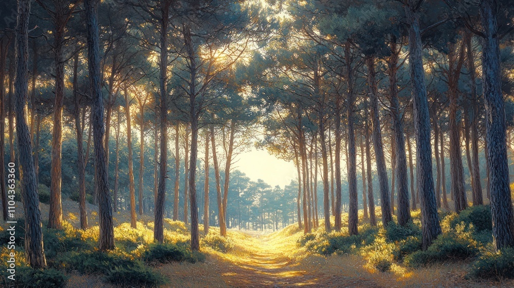 Obraz premium Sunlit path through a pine forest.