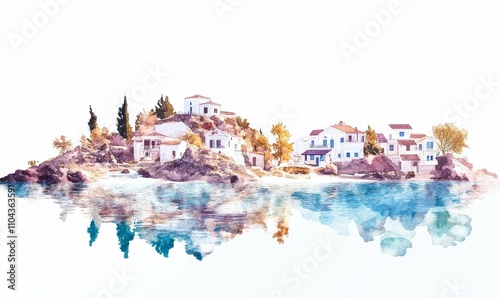 Coastal houses, rocky shore, tranquil water reflection.