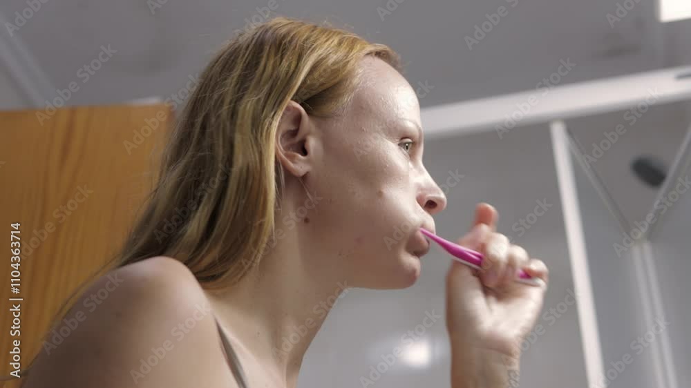Woman brushing her teeth with a pink toothbrush Woman brushing her teeth with a pink toothbrush