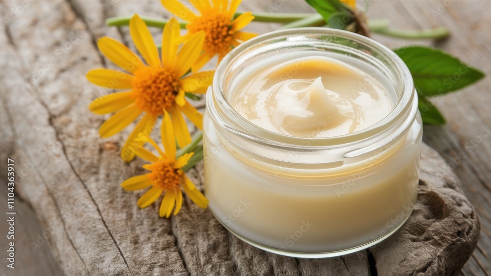 Promotional photo of a jar of arnica cream, with a smooth texture. The cream stands on a wooden surface, next to it are several fresh arnica flowers. Promotional photo of a jar of arnica cream, with a smooth texture. The cream stands on a wooden surface, next to it are several fresh arnica flowers.