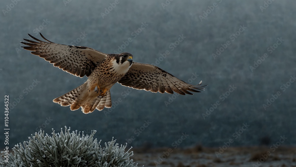 Fototapeta premium Captivating falcon talon glistening with frost against a moody sky.