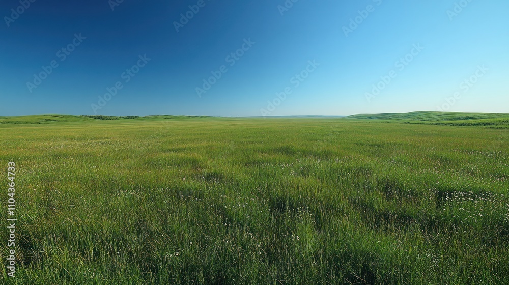 Obraz premium Vast prairie landscape under a clear blue sky.