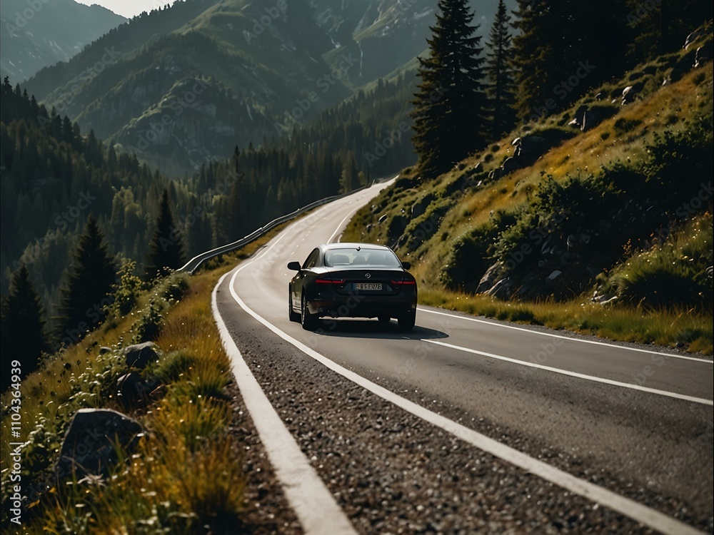 Car driving along a mountain road in summer. Car driving along a mountain road in summer.