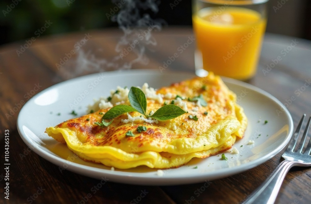 An omelette garnished with herbs is served on a white plate alongside a glass of fresh orange juice in a warm atmosphere. Generative AI An omelette garnished with herbs is served on a white plate alongside a glass of fresh orange juice in a warm atmosphere. Generative AI