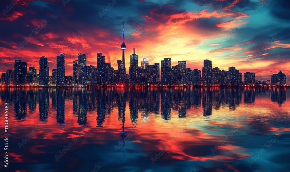 A city skyline is reflected in the water A city skyline is reflected in the water