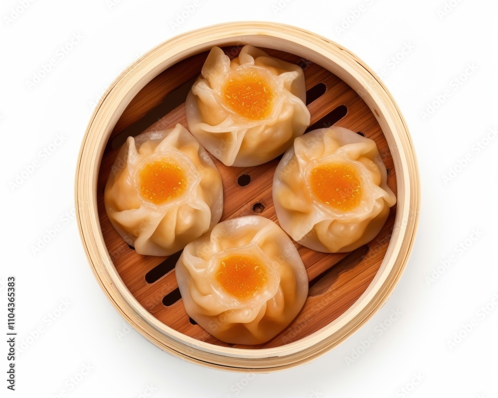 Steamed dim sum dumplings with vibrant orange filling in a bamboo steamer. Steamed dim sum dumplings with vibrant orange filling in a bamboo steamer.