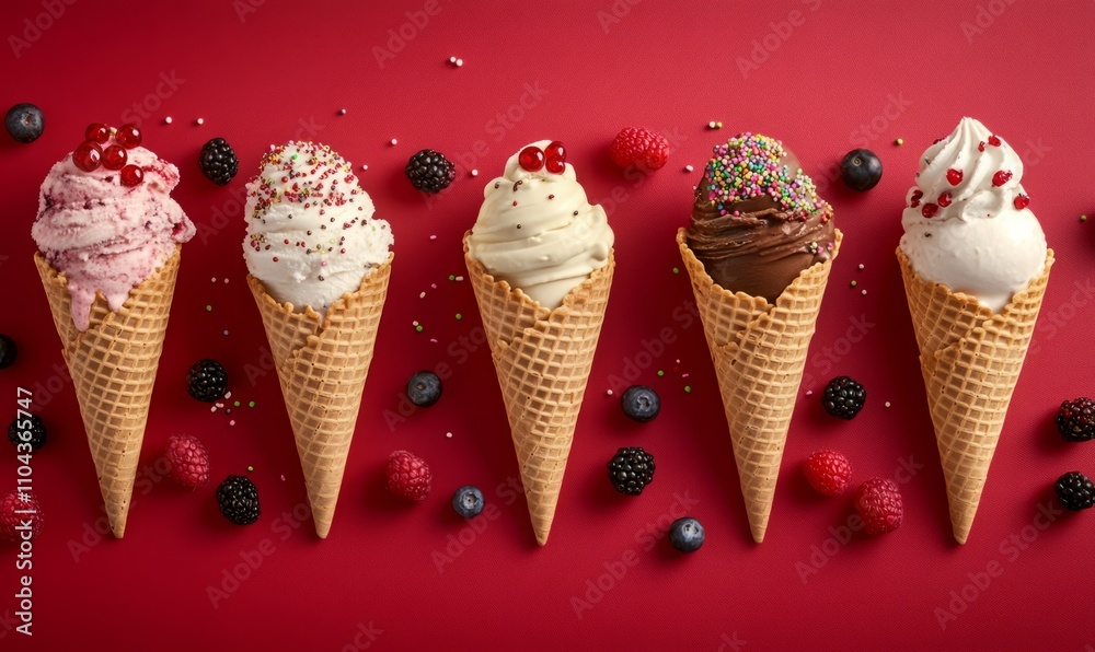 Set of different ice creams cones with sprinkles on top on red background and with decorated with berries Set of different ice creams cones with sprinkles on top on red background and with decorated with berries
