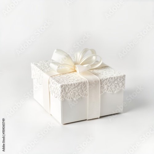 White lace gift box with cream ribbon, bow sits on white background. Elegant, simple design. Suitable for various occasions like weddings, birthdays, corporate gifts. Delicate lace detail adds touch