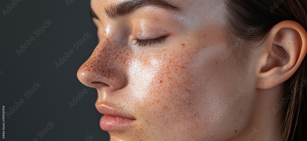 Close-up portrait freckled skin, natural beauty, soft lighting, serene expression, smooth complexion, detailed texture, copy space for text Close-up portrait freckled skin, natural beauty, soft lighting, serene expression, smooth complexion, detailed texture, copy space for text