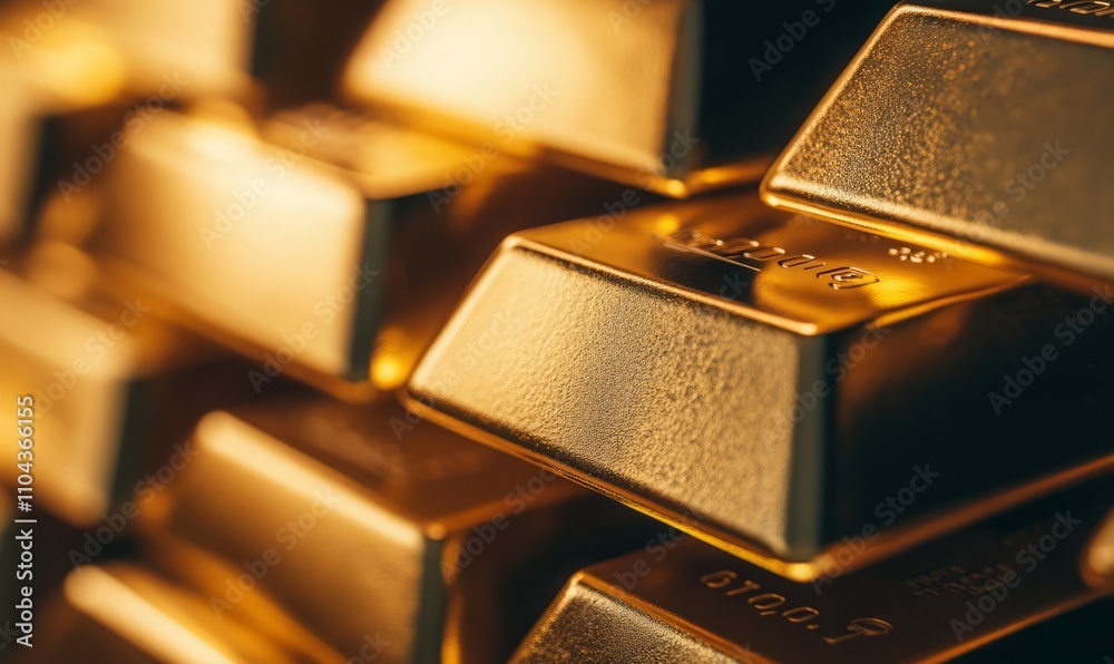 A closeup of gold bars stacked neatly, reflecting light in a luxurious display, gold bars, wealth and luxury A closeup of gold bars stacked neatly, reflecting light in a luxurious display, gold bars, wealth and luxury