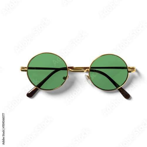 A pair of round, green-tinted sunglasses with a gold frame, ideal for fashion and sun protection.