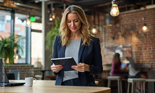 Woman working at a high top table in a coffee shop.